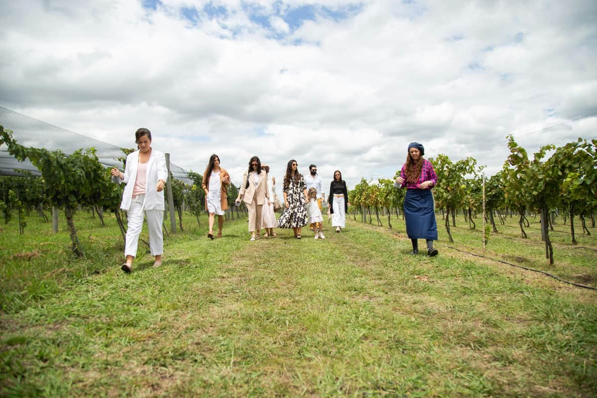 A group of people walking through a vineyard on a grassy path under a partly cloudy sky.