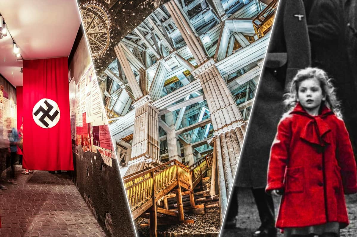 Une grande structure en bois avec de hauts piliers et des poutres, juxtaposée à une image monochrome d'une jeune fille vêtue d'un manteau rouge.