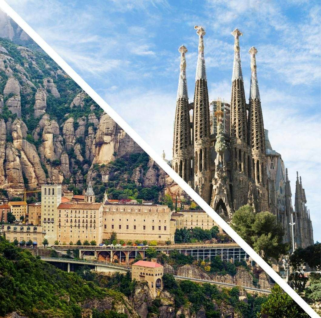 A split image showing the Montserrat Monastery on the left and the Sagrada Familia Basilica on the right under blue skies.