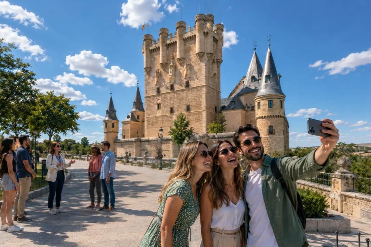 Three people taking a selfie in front of a historic castle under a sunny blue sky.