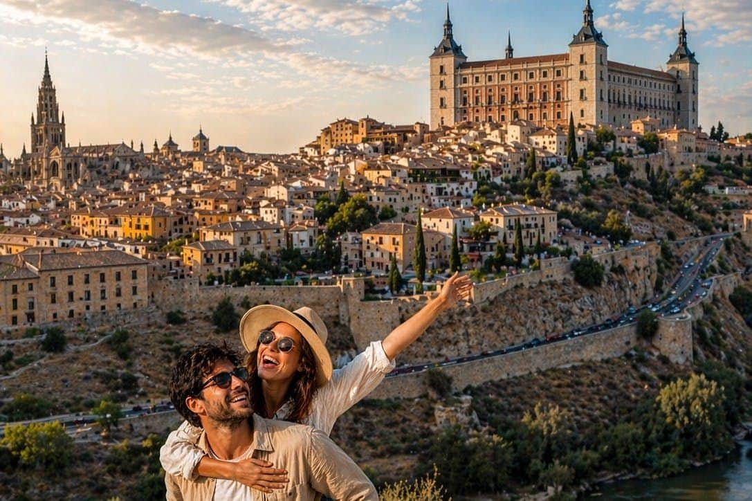 A couple enjoying a scenic view of a historic city with a cathedral and other buildings during sunset.