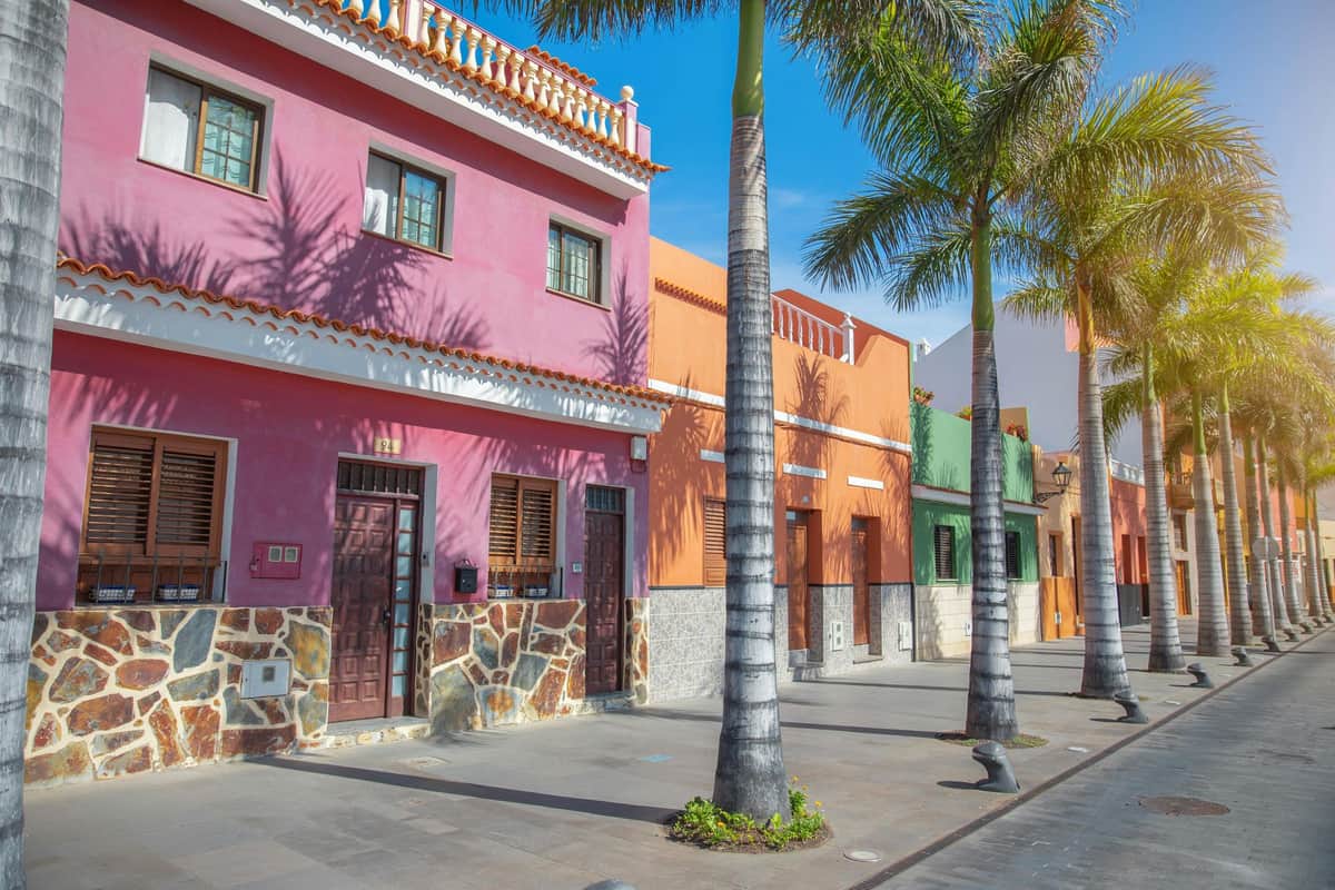 Colorful buildings with a pink and orange facade, palm trees lining the street, under a clear blue sky.