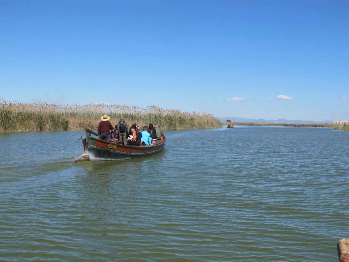 Albufera mit Bus & Boot ab Valencia (València) Eine Gruppe von Menschen fährt in einem kleinen Motorboot auf einem ruhigen See mit schilfbewachsenen Ufern unter einem klaren blauen Himmel.
