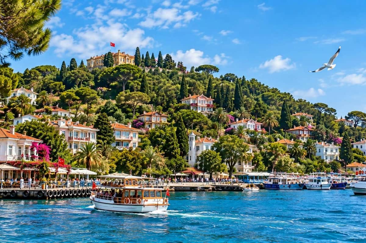 Istanbul: Princes' Islands Private Guided Boat Tour + Optional Lunch A scenic coastal area with houses on a hillside, boats on the water, and a flag visible atop a hill under a blue sky.
