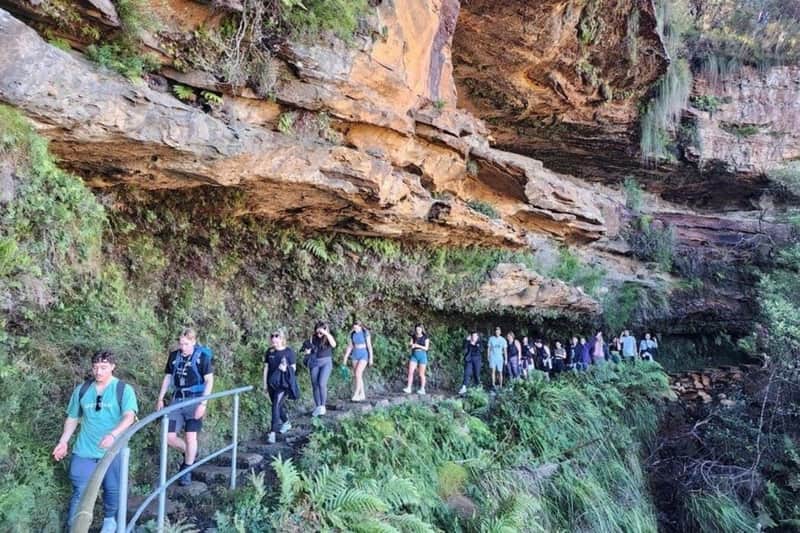 A group of people hiking along a narrow, rocky path lined with ferns and green vegetation under an overhanging rock formation.