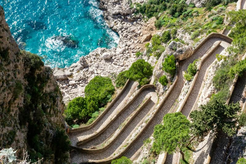 Winding stone pathways with lush greenery next to a rocky coastline and turquoise sea.