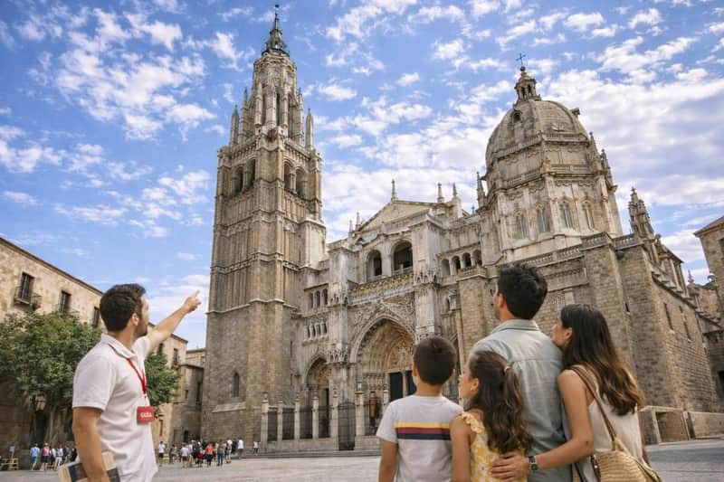 A guide gestures toward a historic cathedral while a family of four observes under a blue sky with scattered clouds.